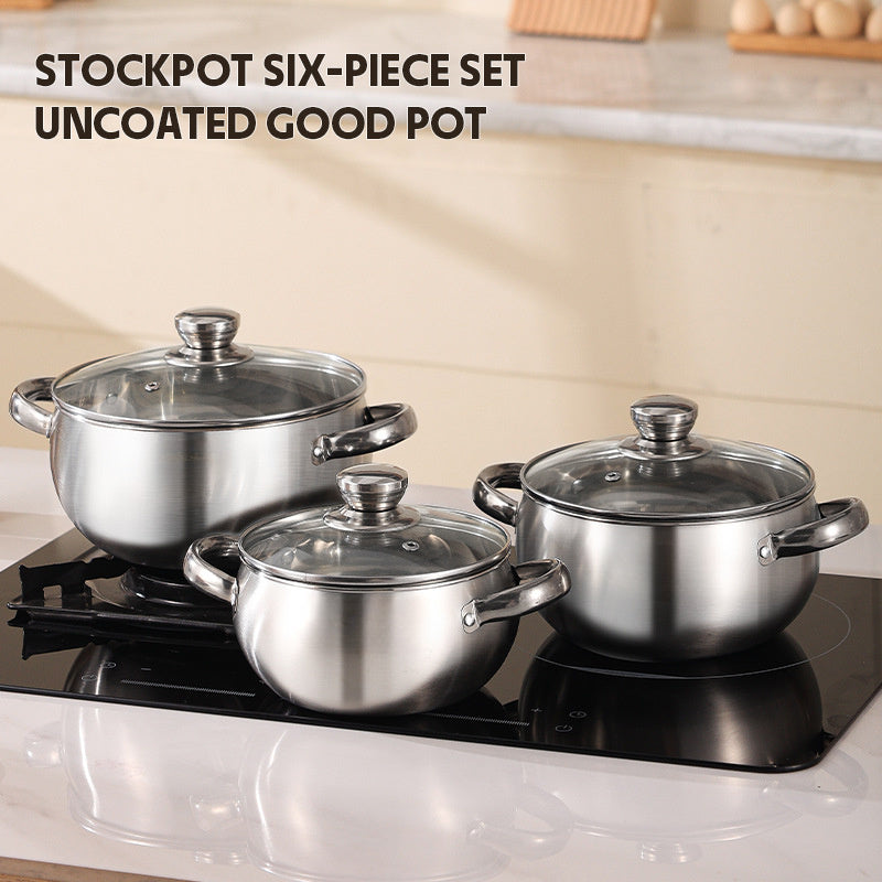 Six high-quality stainless steel stockpots, perfect for use with induction cookers, available in a variety of styles.