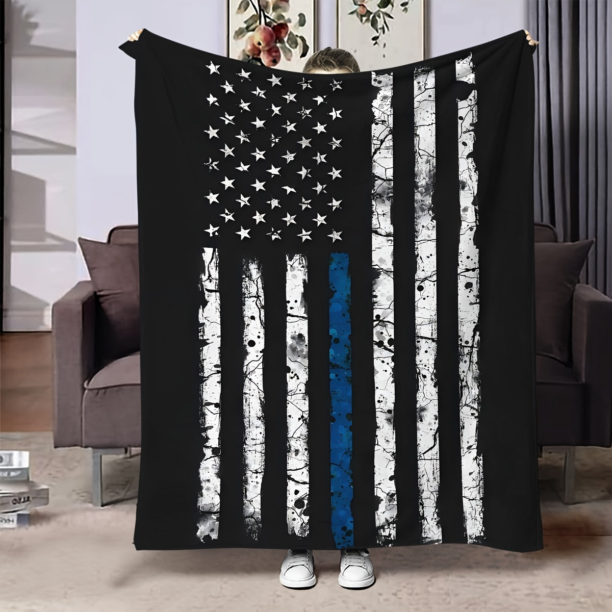 One Thin Blue Line American Flag Flannel Print Throw Blanket, Suitable for All Seasons, Easy to Clean in Washing Machine, Modern Design, Versatile Use, Made of Soft Fabric, Weighing 200-250g, Ideal for Bedroom, Living Room, or Sofa, Great Gift Option.