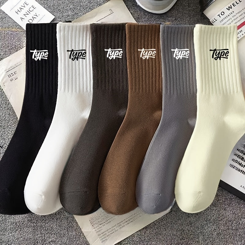 6 pairs of Japanese style mid-calf men's socks in black and white. Odor and sweat resistant, suitable for basketball and sports.