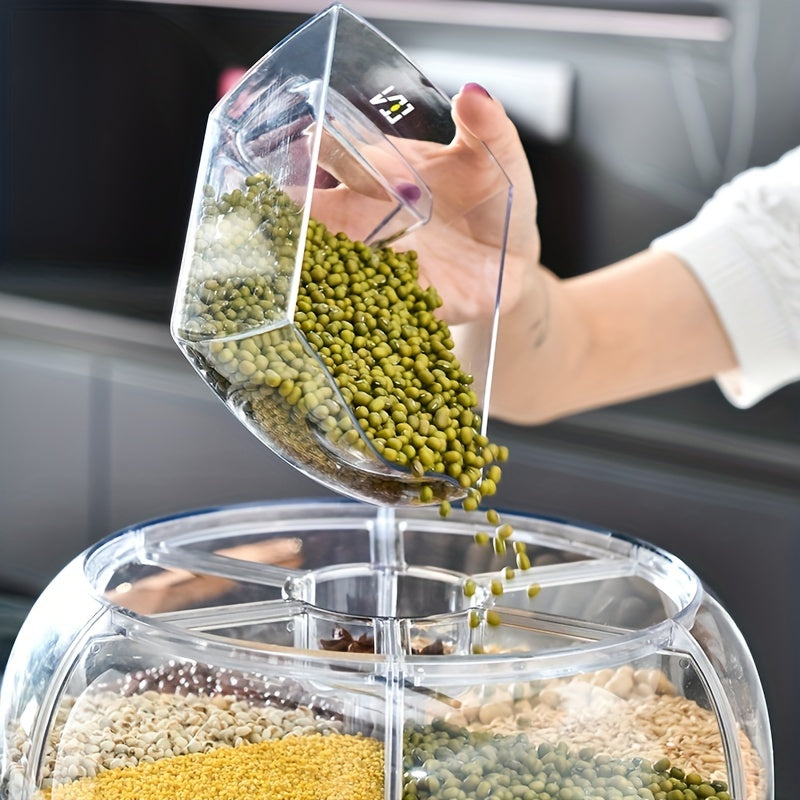 Large capacity rotating rice bucket with multiple grids for storing cereals and grains. This moisture-proof and insect-proof sealed container is perfect for rice, flours, dog food, and pet food. Keep your household airtight with this convenient rice