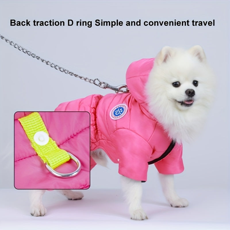 Winter dog jacket for small to medium breeds - waterproof, warm, and windproof with anticold insulation. Yellow hooded design with soft polyester lining. Machine washable.