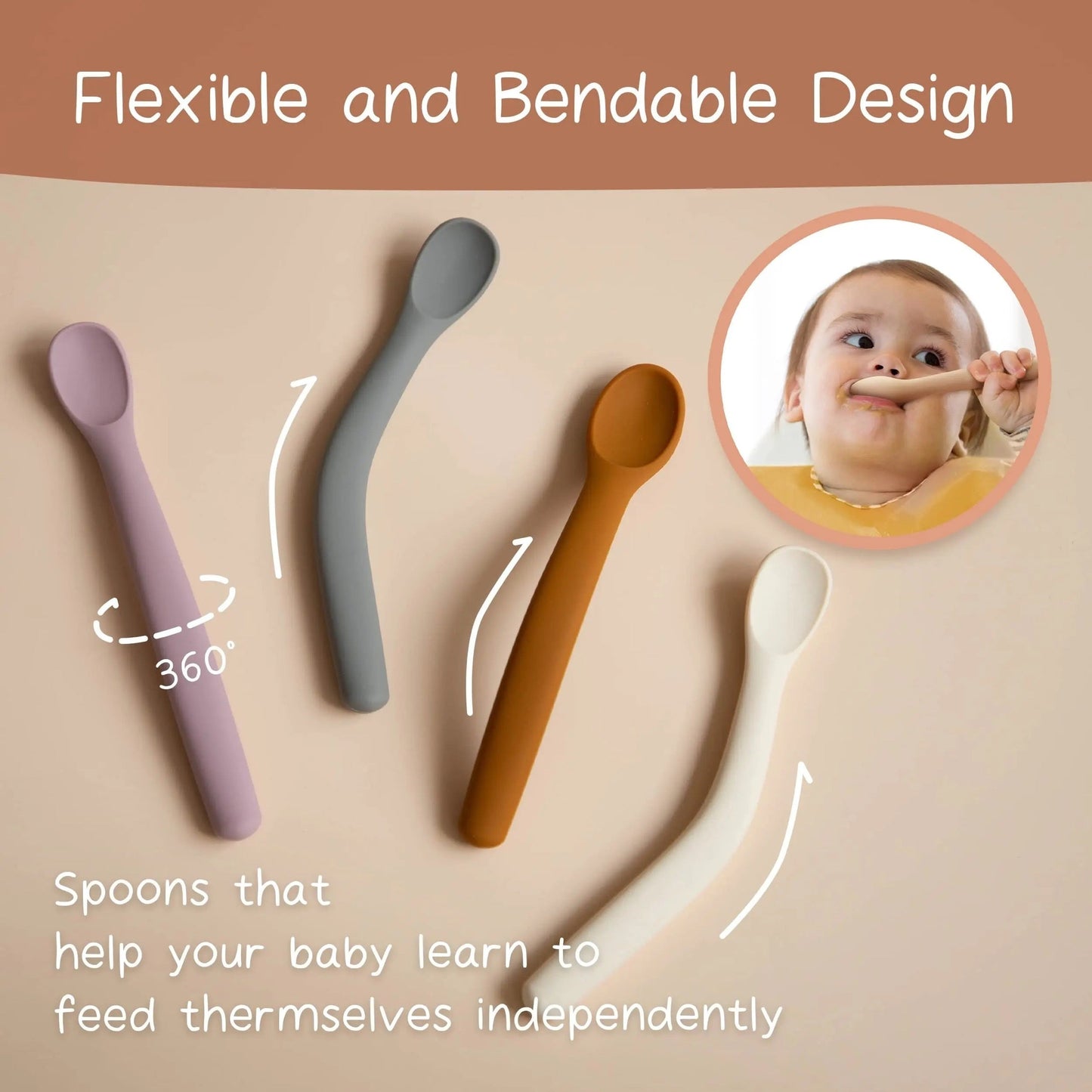 Set of 2 Silicone Feeding Spoons with Soft Tips and Bendable Design for Easy Training, Exceptionally Durable and Chew-Resistant