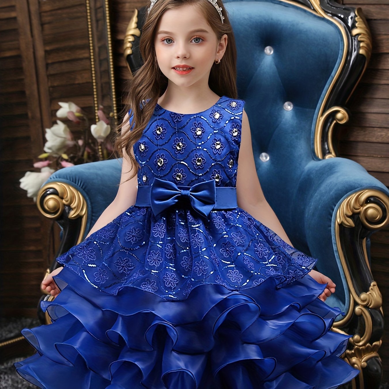 Girls Sleeveless Sequin Flower Princess Dress for Piano Performance, Wedding, Birthday Party