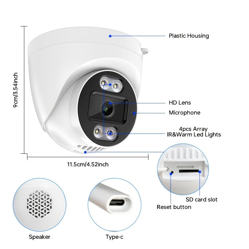 Simli 3MP Dome Kamera, Ikki Tomonlama Audio, Rangli Tun Ko‘rish va 2.4G WIFI Ulanishi bilan Oila uchun Tashqi Xavfsizlik