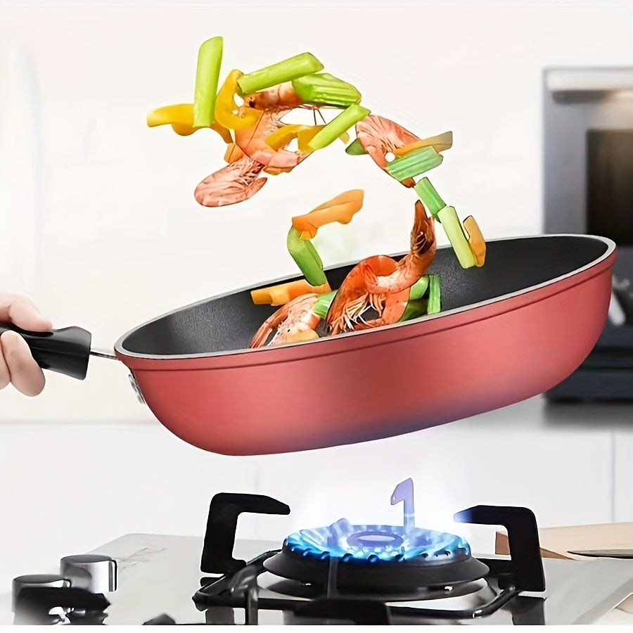 9.45-inch 2-in-1 non-stick cast iron skillet with lid suitable for various cooking methods.