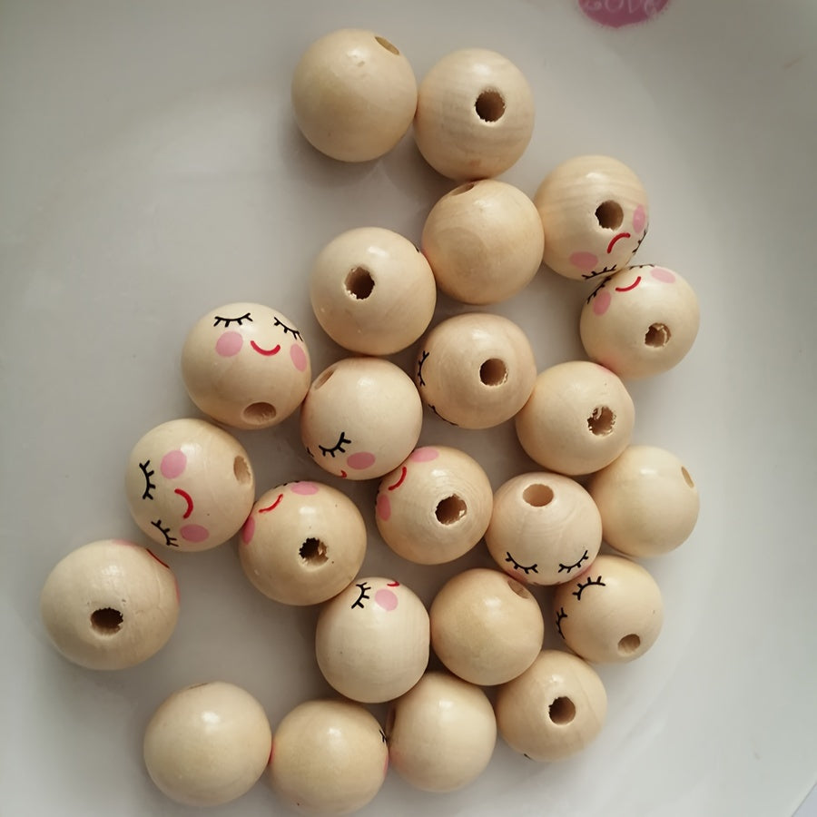 Fifty pieces of 14MM Wooden Hole Beads, Ball Spacer Beads with Holes, Cute Smiling Doll Head Beads for DIY Jewelry Making, Perfect for Eyelash Girls Face Designs.