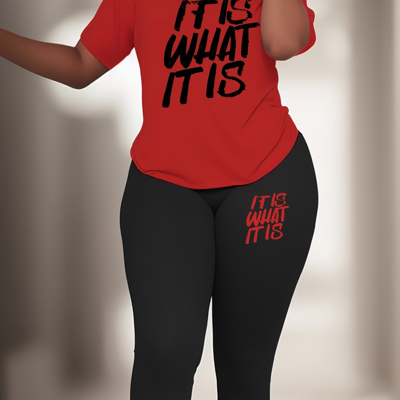 Plus Size Sports Set with slogan print. Polyester knit fabric with elastane for medium stretch. Crew neck activewear lash set.