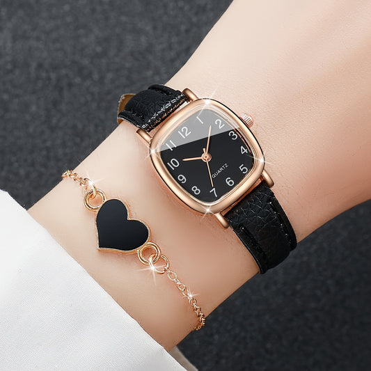 Women's fashion watch set with square dial, PU leather band, alloy case, and heart charm bracelet.