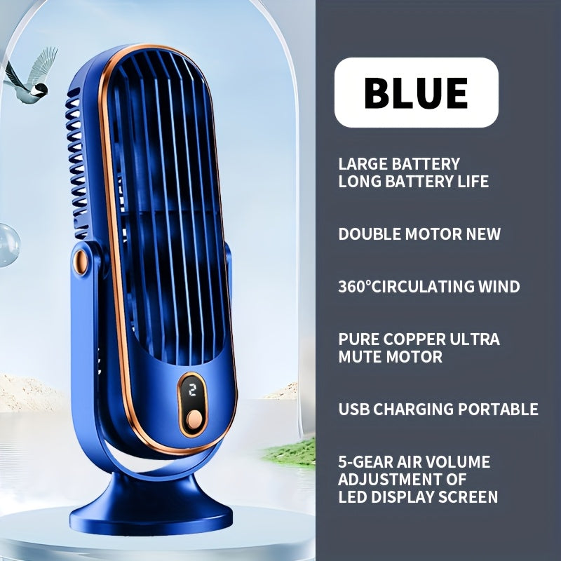 Compact and lightweight desk fan features 5-speed adjustment for customizable cooling. Perfect for use at home, in the bedroom, or while camping outdoors. USB rechargeable for convenience.