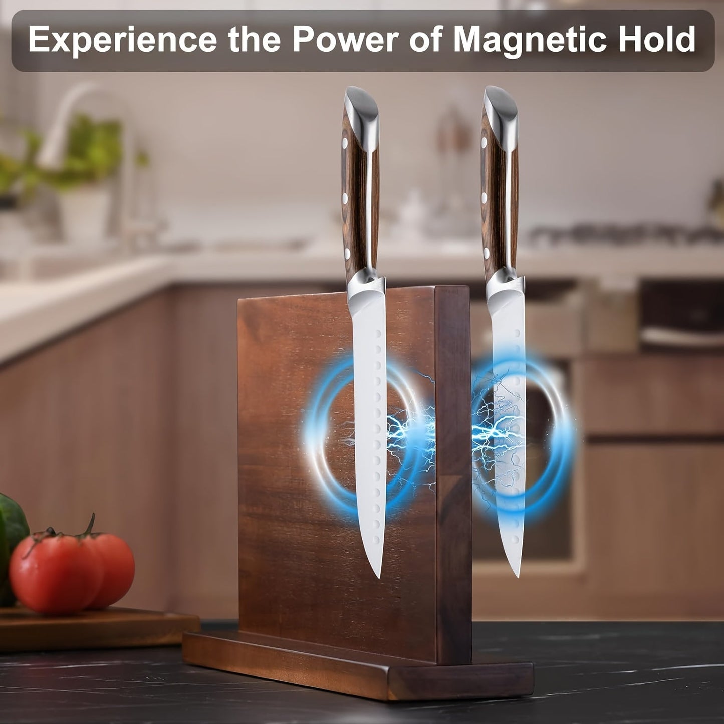 Wooden Magnetic Knife Holder - Dual-Sided Knife Block Without Knives - Strong Enhanced Magnets for Universal Knife Storage - Multifunctional Knife Display Rack for Kitchen Counter