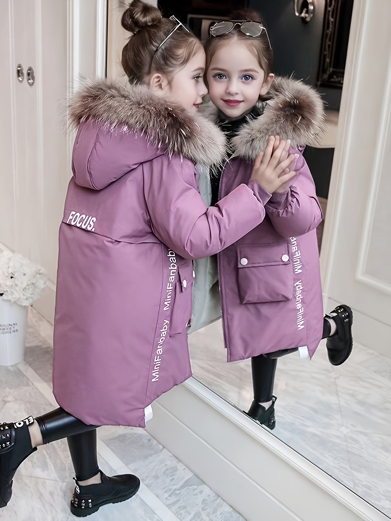 Girls' Elegant Winter Parka with Faux Fur Trim, Alphabet Pattern, Zipper Placket, Dipped Hem, Raglan Sleeves - Perfect for Skiing & Outdoor Activities.