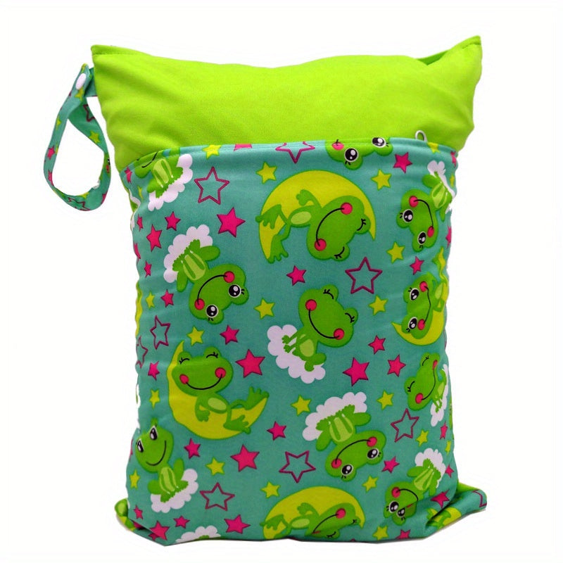 A versatile wet/dry bag that is waterproof and reusable, perfect for storing cloth diapers and breast pump parts. Features two zippered pockets, a convenient handle, and can be used as a beach, pool, gym, or stroller bag. Also great for organizing