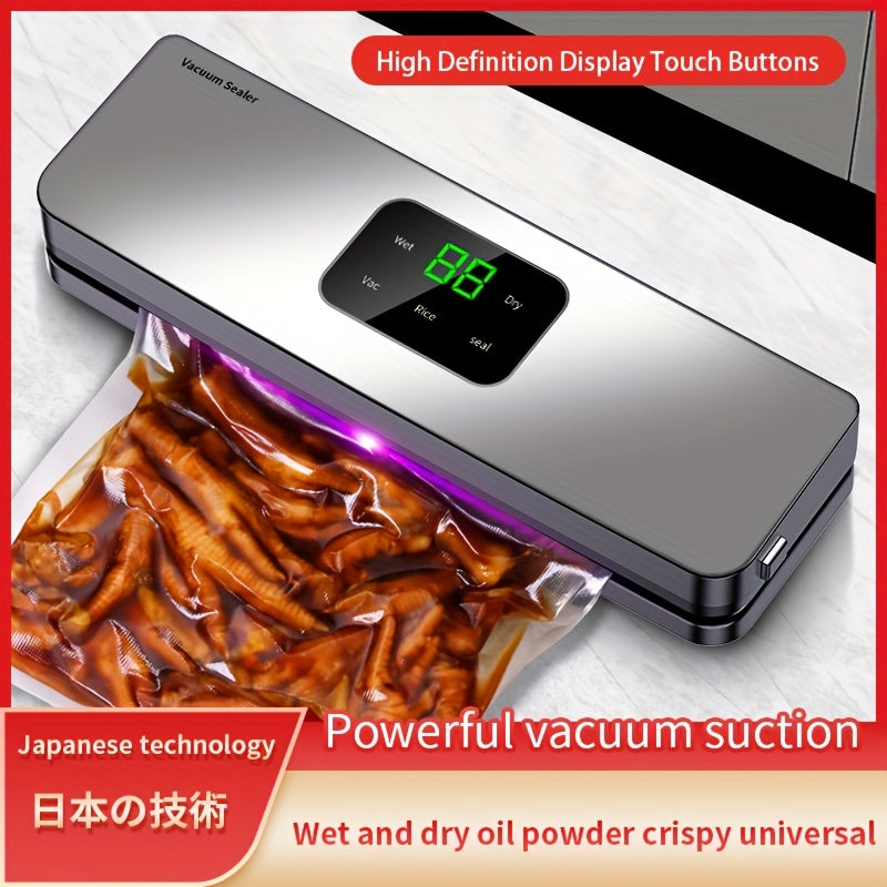 Vacuum sealer machine with touch buttons, digital display, detachable cleaning, and 10 free sealing bags for dry/wet food packaging to keep fresh.