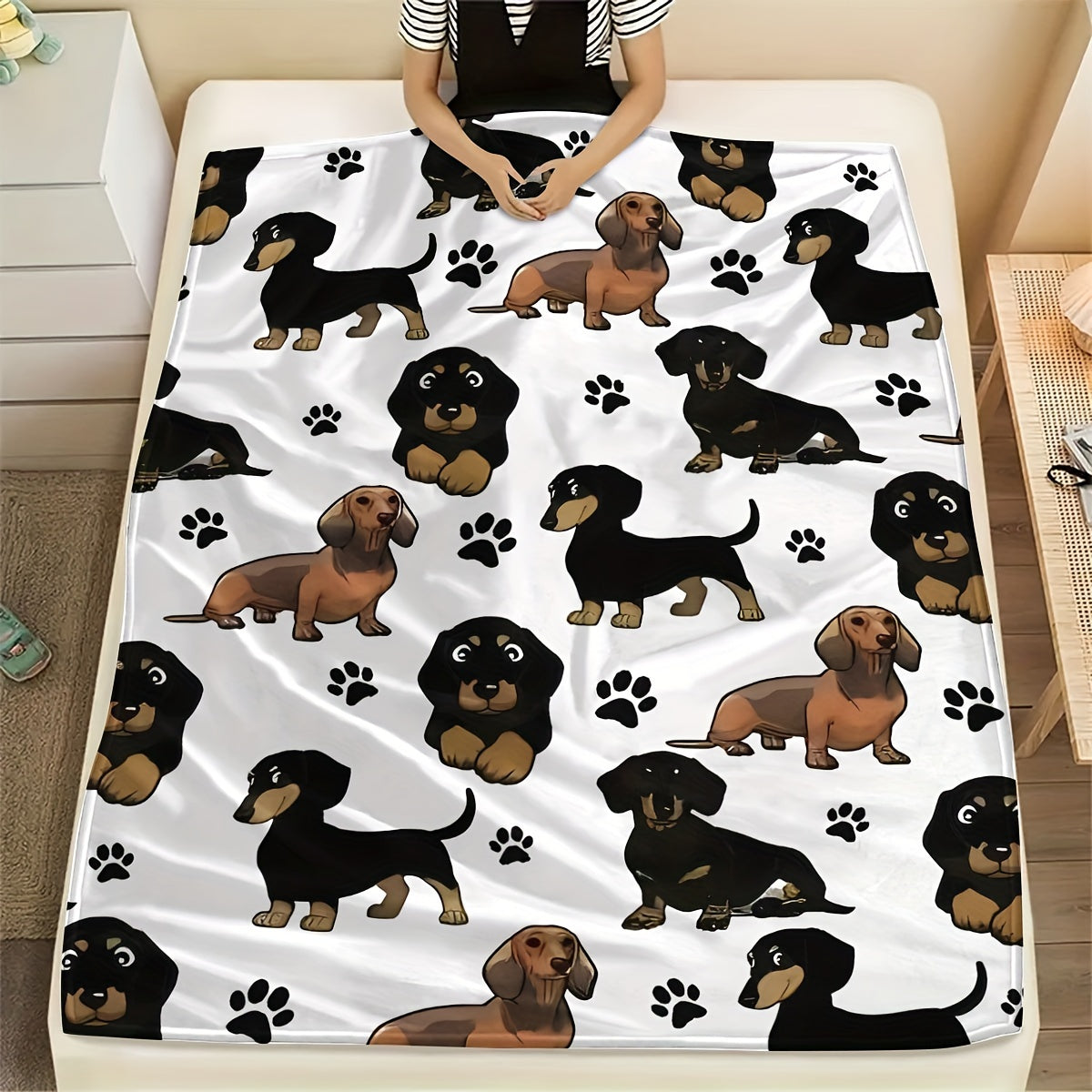 Soft and cozy all-season throw blanket with rustic dachshund dog pattern. Made from machine washable flannel fabric. Features a digital print design on 200-250g polyester material. Can be used for multiple purposes including a cozy nap blanket in your