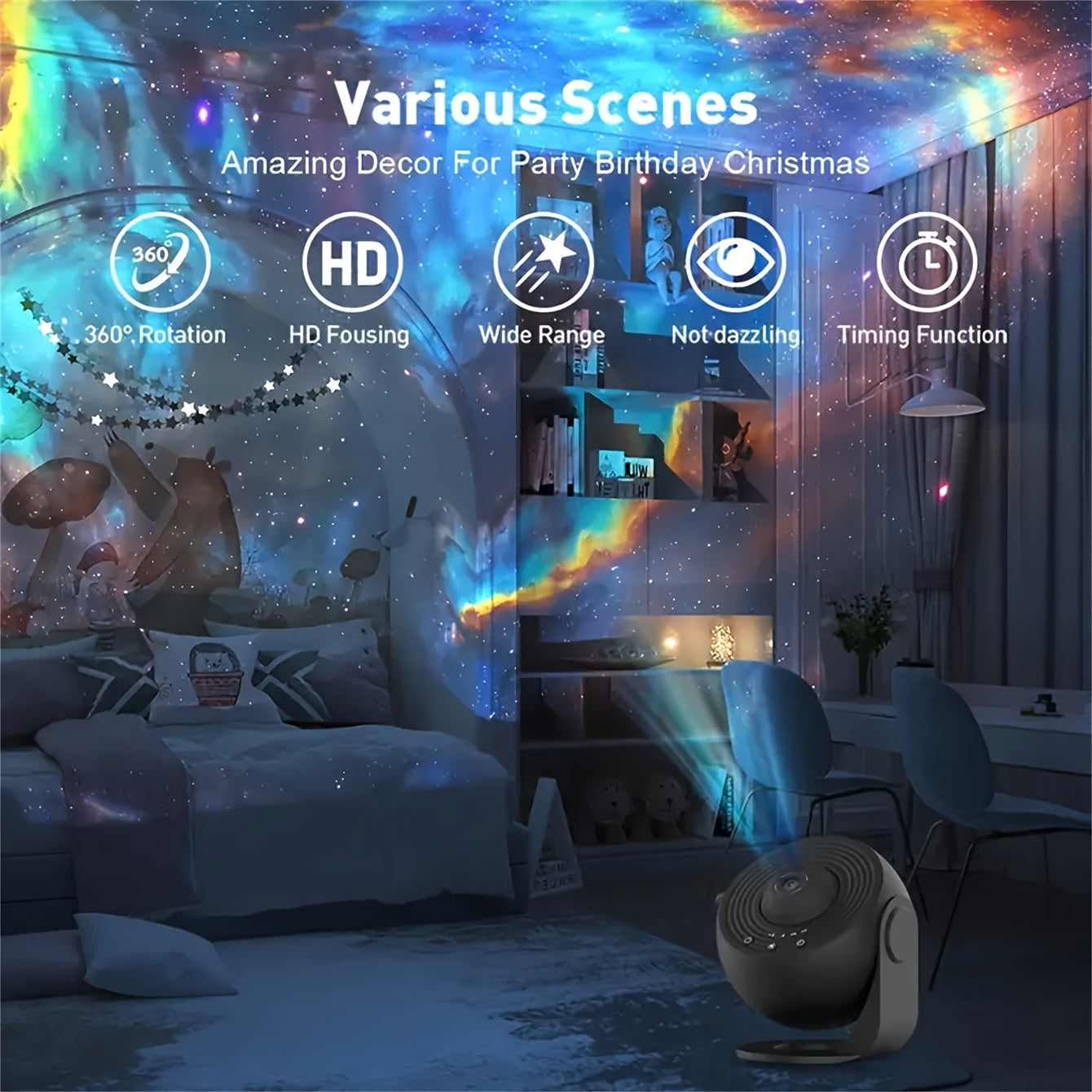 Projection lamp with starry sky galaxy design, USB powered, rotates 1.5-5 meters, includes 12 high-definition slides. Perfect for bedroom, living room, or e-sports room. Ideal festival or