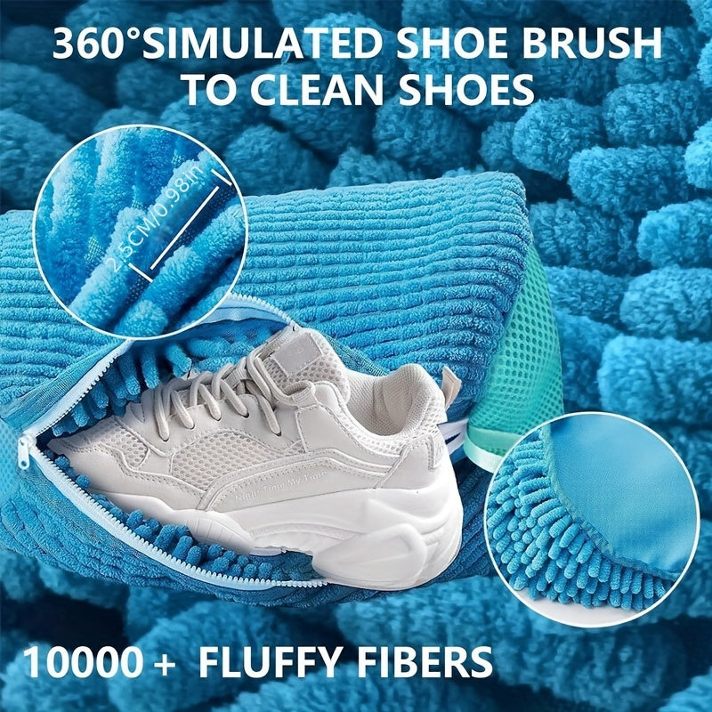 One durable and reusable zippered plush laundry bag designed for washing shoes in the washing machine. Suitable for shoes, sneakers, trainers, tennis shoes, and slippers.