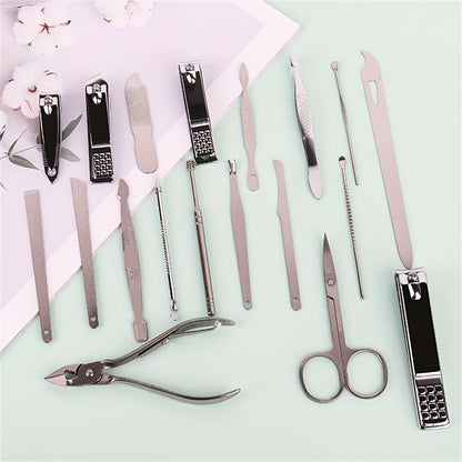 Professional 19-piece stainless steel nail care set for manicures and pedicures, includes cuticle nippers, clippers, files, and grooming tools. Ideal for precision trimming and shaping