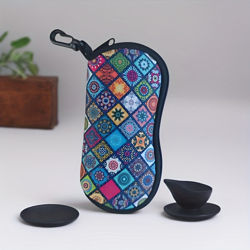 Neoprene Fashion Glass Case with Zipper & Carabiner Clip - Stylish Mandala Design, Portable, Fits All Glasses Sizes - 1 Piece