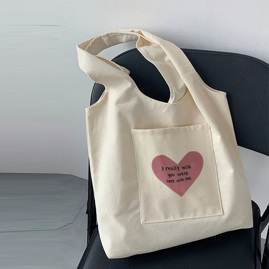 Women's 'I Really Wish You Were Here with Me' Heart Tote Bag for casual shopping and travel, with no closure and unpainted edges.