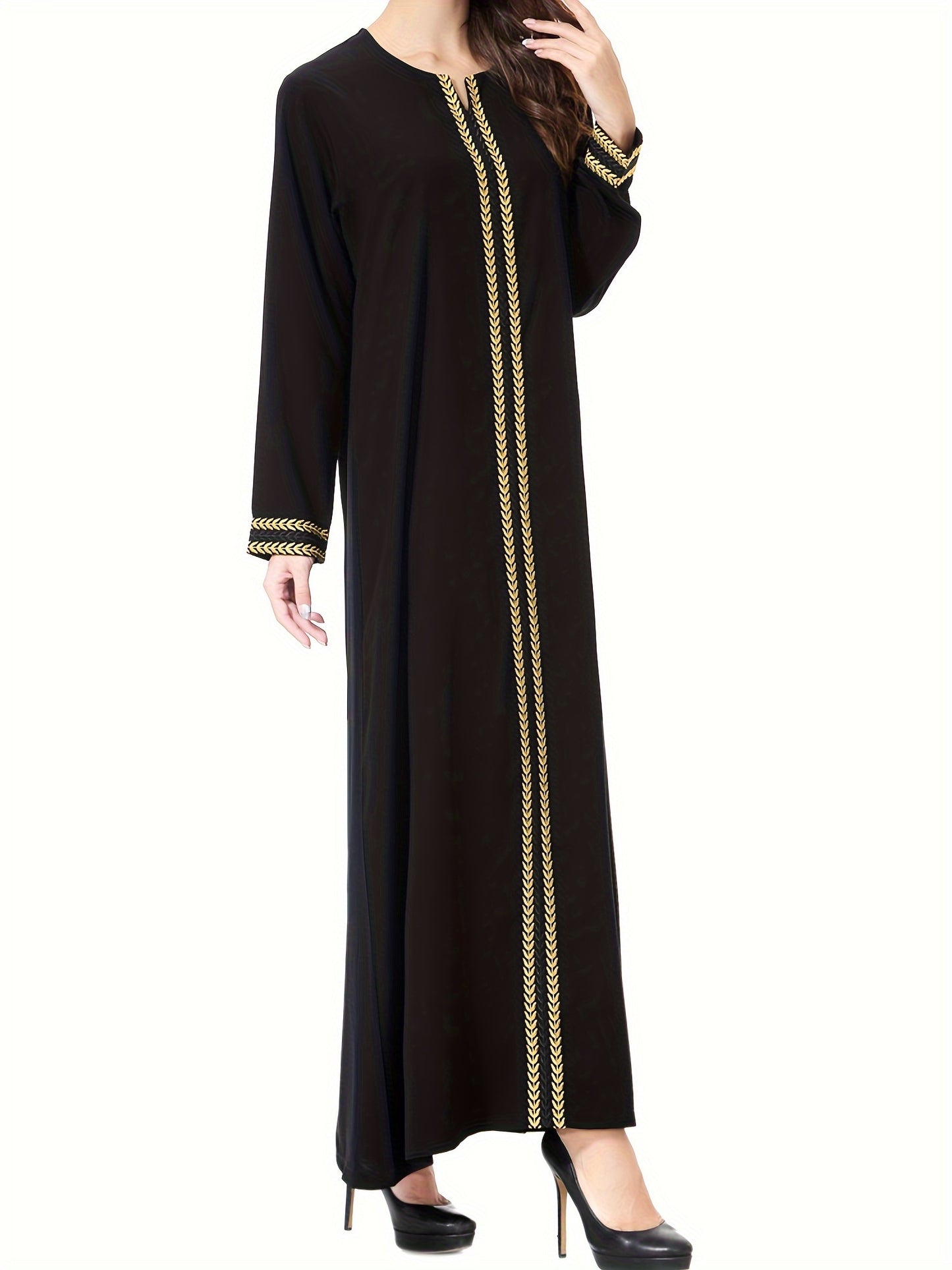 Ramadan Modest Dress with Golden Trim and Long Sleeves