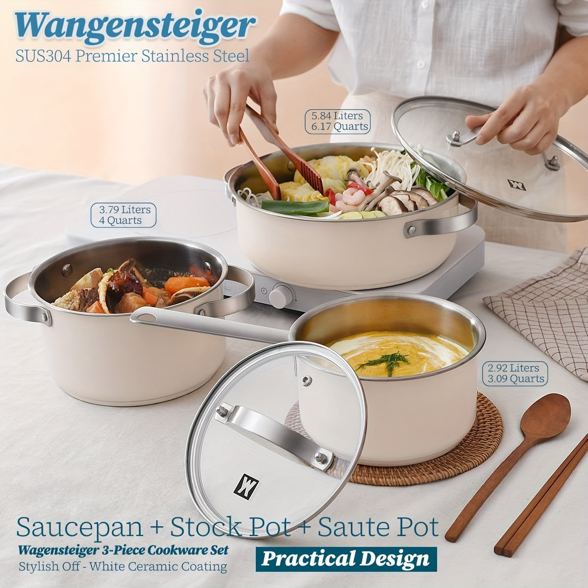 Set of 3 WAGENSTEIGER Stainless Steel Cookware featuring Ceramic Finish - includes Saucepan, Hot Pot, and Soup Pot with Thickened Composite Base. Suitable for use on Induction & Electric Stoves, adding an Elegant Touch to your Kitchen Decor.