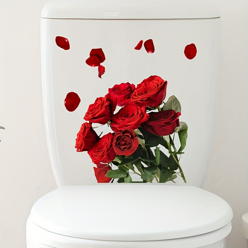 Red rose pattern toilet lid decal for stylish bathroom decor.