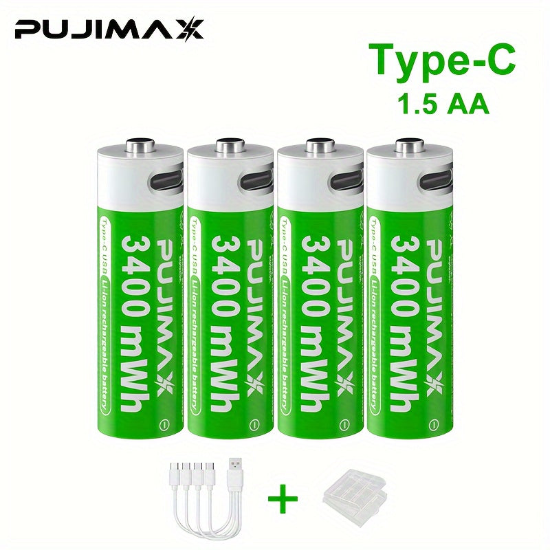 PUJIMAX 1.5V AA 3400mWh Rechargeable Batteries available in sets of 2, 4, or 8 with fast Type-C charging and long-lasting power for electronics. Features green battery design and durability.