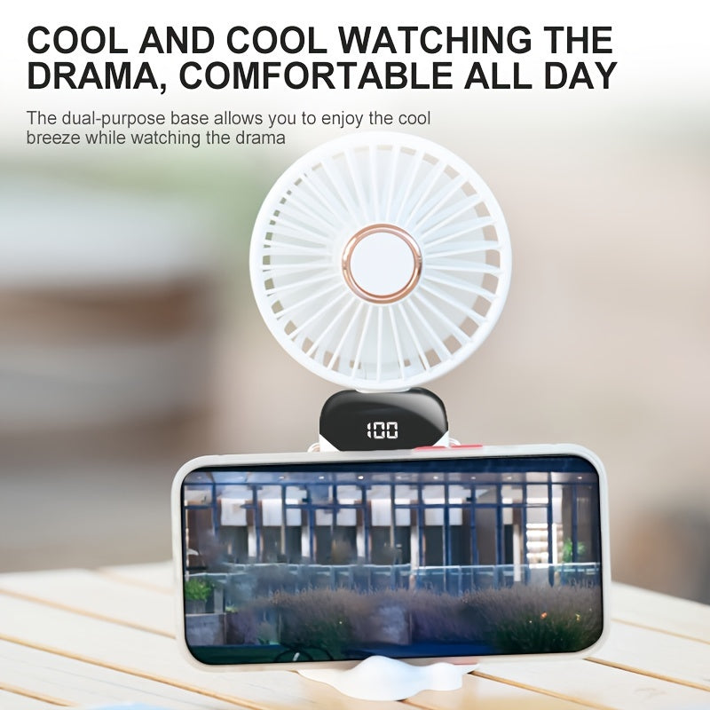 Portable Mini Fan with LED Display, USB Rechargeable Handheld Personal Fan, 5 Adjustable Speeds, Foldable Design, Battery Powered, Made of Plastic. Perfect for Desk, Office, Bedroom, Outdoor Travel, Camping, and School Supplies.