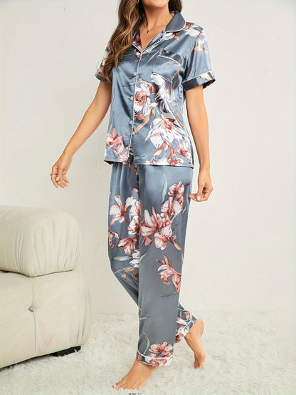 Women's floral print pajama set with short sleeve button top and elastic waistband pants, perfect for sleepwear or loungewear.