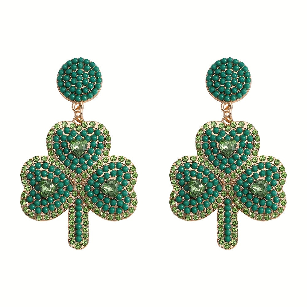 Celebrate St. Patrick's Day in style with these stunning Green Clover earrings adorned with handcrafted beaded rhinestones. Perfect for an Irish festival, this unique jewelry gift for women is made from high-quality Zinc Alloy and Stainless Steel in a