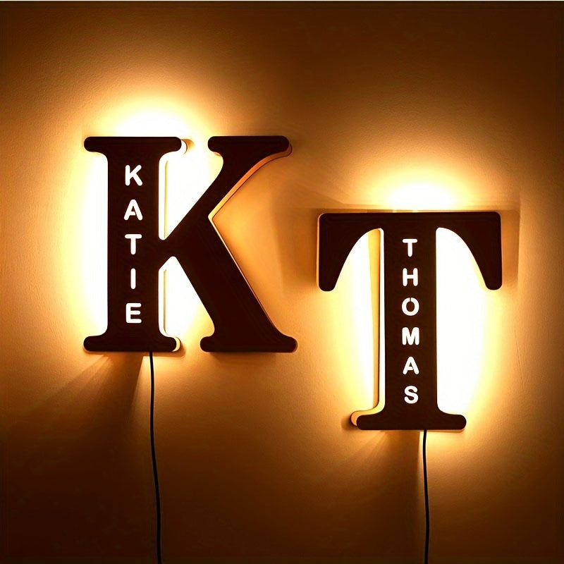 Custom LED letter night light for couples, friends, and family - personalized wooden wall lamp powered by USB. Ideal for bedroom decor with custom uppercase letters.