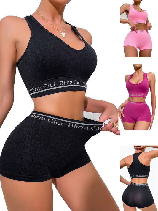 Sporty lingerie set includes racerback bra and boxer shorts for jogging or gym.