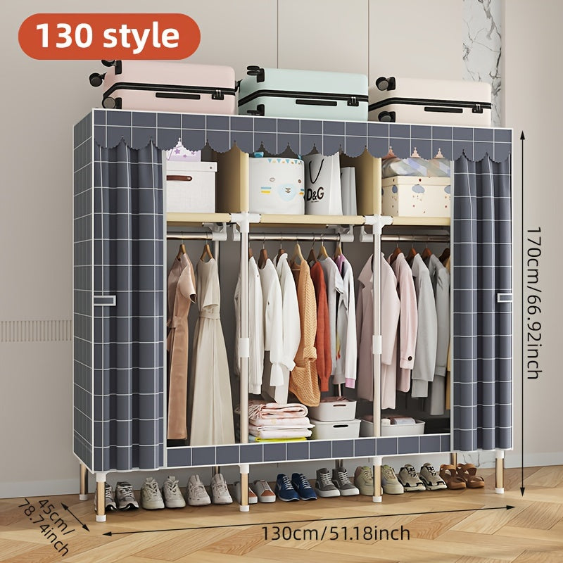 Solid color wide assembly with 10 shelves, 3 hanging rods, and plaid fabric. Portable closet for organizing wardrobe.