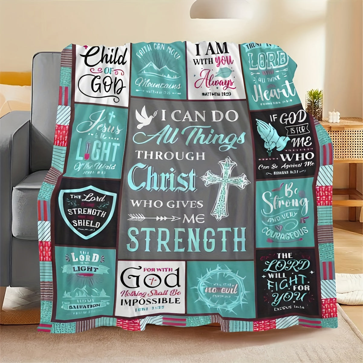 One piece of Christian Inspirational Quotes Flannel Fleece Throw Blanket featuring Religious Scripture Verses. This tear-resistant blanket is perfect for all seasons and has a digital print design. Made of polyester in a contemporary style, it is a great