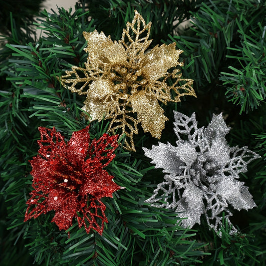 10 artificial Christmas flowers, 9cm/3.54in, glitter tree ornaments made of polyester and plastic. Suitable for home, kitchen, parties, and First Communion. No power required, festive holiday decoration.