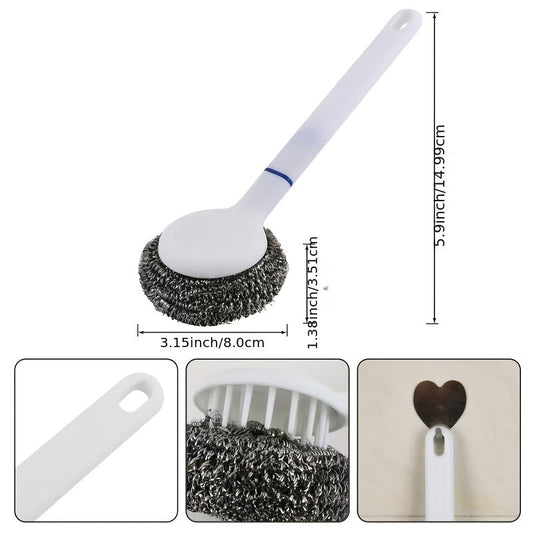 Set of cleaning tools for the kitchen made of stainless steel - includes a handle that can be reused and 3 wire balls for washing dishes and scrubbing pots, designed to prevent shedding.