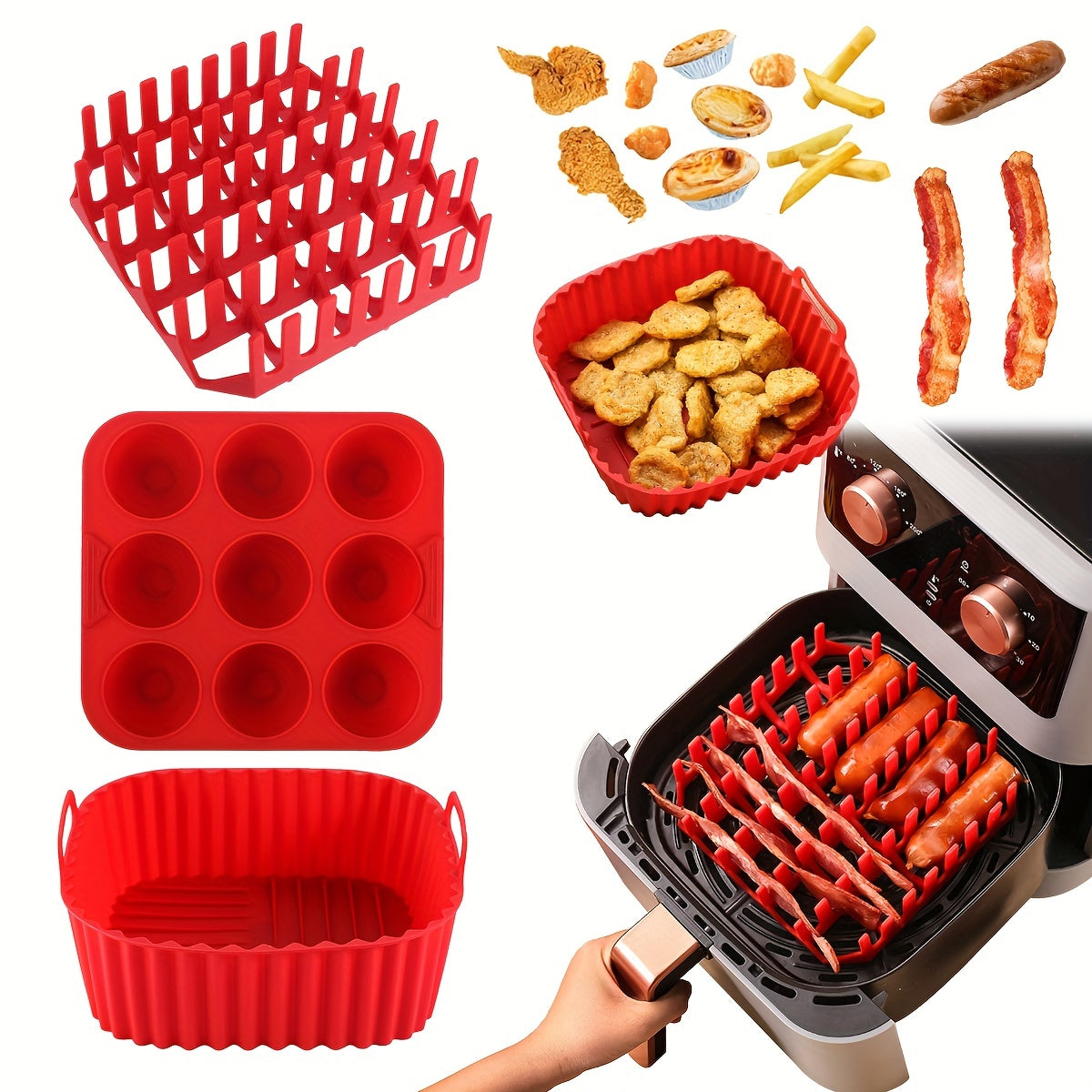 Premium Square Air Fryer Silicone Set includes a bacon & hot dog rack, 9-cavity cake mold, and air fryer pan. This BPA-free and dishwasher safe set is compatible with 7QT+ air fryers.