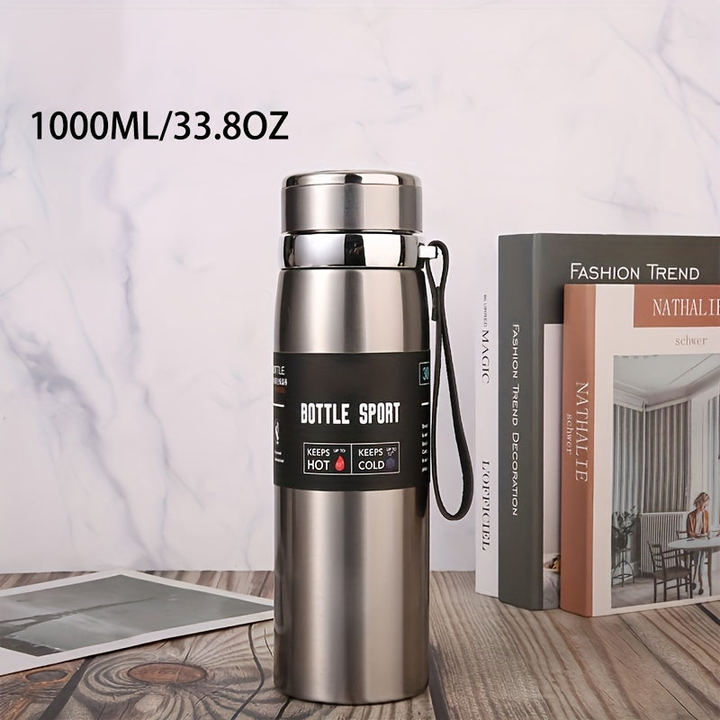 Stainless steel 1000ml vacuum insulated water bottle with portable strap, BPA-free, keeps hot/cold for sports and outdoor activities, hand wash only.