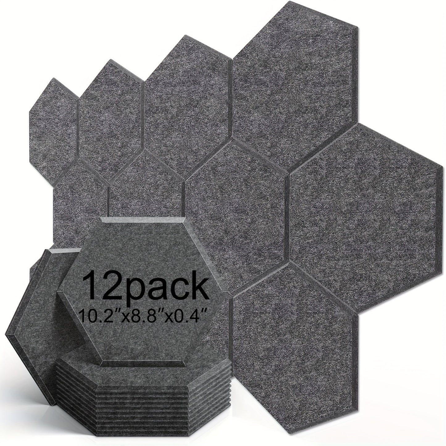 12-pack of self-adhesive hexagonal acoustic panels, sized 10.2 x 8.8 x 0.4 inches, for home, office, and recording studios.