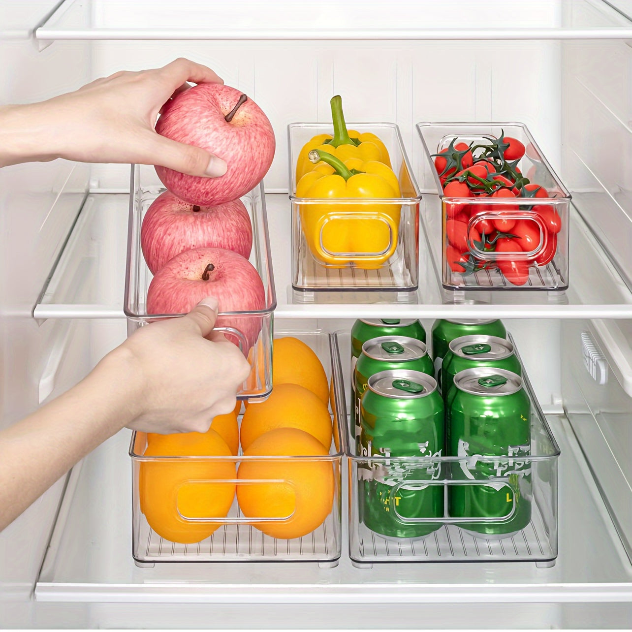 Lachesis Stackable Refrigerator Organizer Bins Set includes 2 large and 2 small bins, made of clear plastic with handles. These bins are versatile and can be used in the fridge, freezer, pantry, cabinets, drawers, or shelves for organizing fruits and