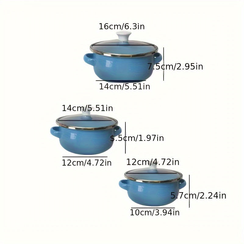 This set includes three mini enamel pots in sizes of 12cm, 14cm, and 16cm, perfect for home use in the kitchen. They are suitable for gas and electric stoves, making them versatile for any cooking needs. This set makes a great holiday gift and is perfect