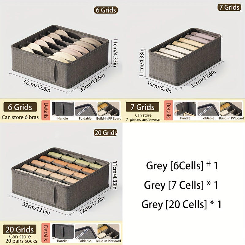 Pure gray cationic sock storage boxes in 6, 7, or 20 compartments. Ideal for organizing socks, bras, and underwear at home. Foldable and versatile.