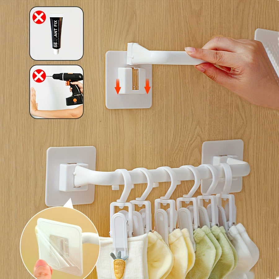 Organize your space with our Wall-mounted Wardrobe Hanging Rod, featuring a hole-free design for easy installation. This storage rack comes with adjustable clips for hats, bibs, towels, and socks, making it the perfect solution for all your household