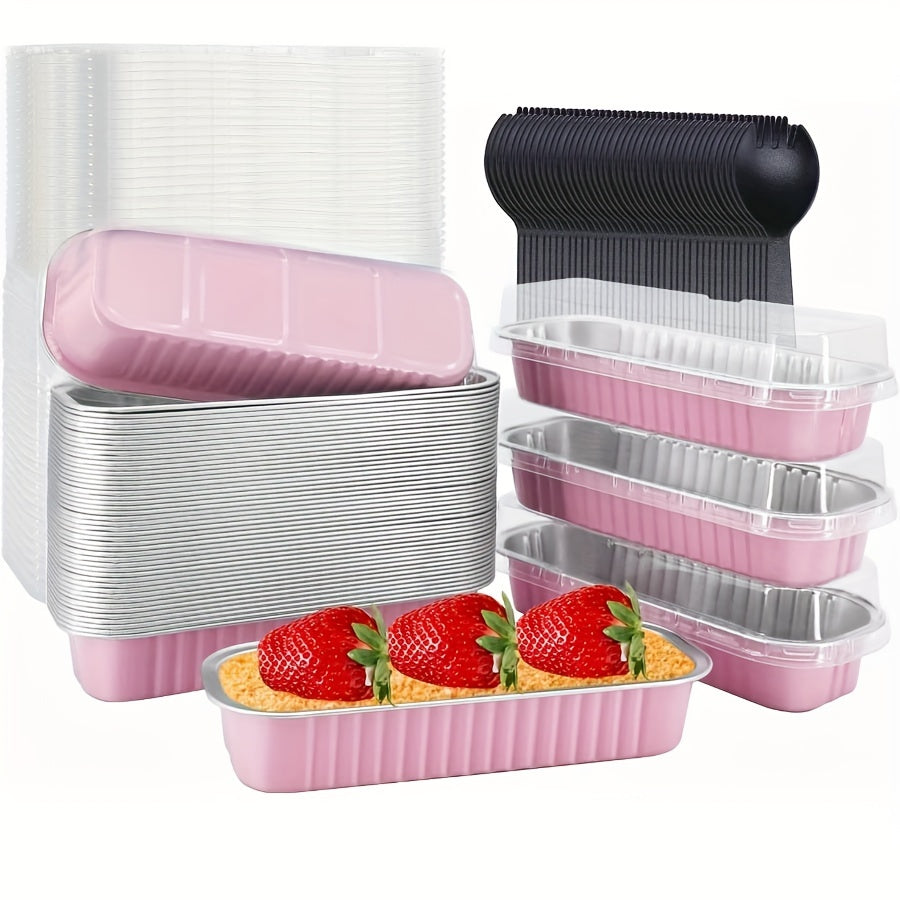 150 pieces of Mini Cake Pans with Lids and Spoons: 6.76 ounces Non-Stick Foil Baking Pans, Reusable Aluminum Foil Loaf Pans, Rectangular Foil Bread Containers, Portable Baking Cupcake Liners for Home Kitchen use.