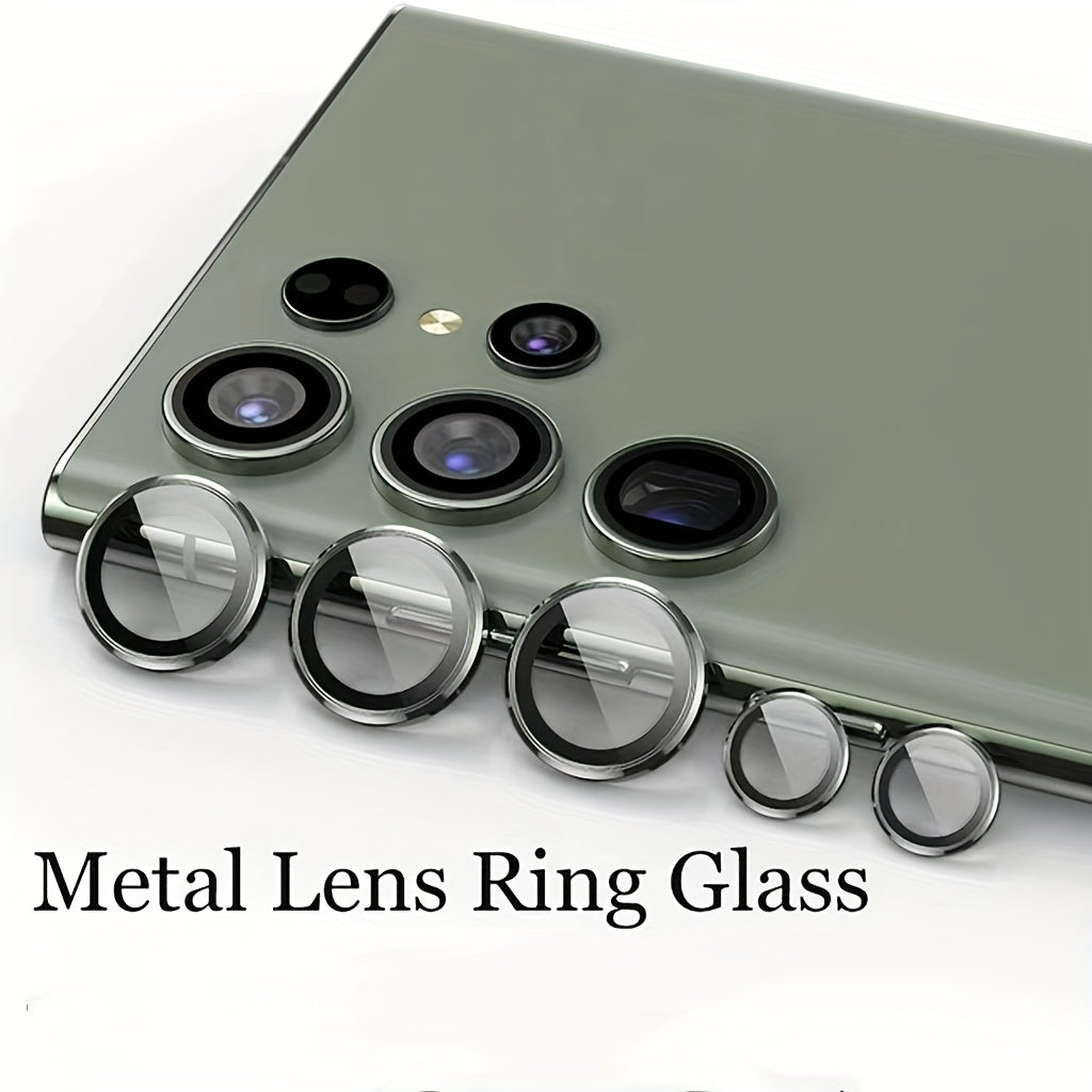 Set of 3 camera metal rings and tempered glass lens protectors for various Samsung Galaxy models.