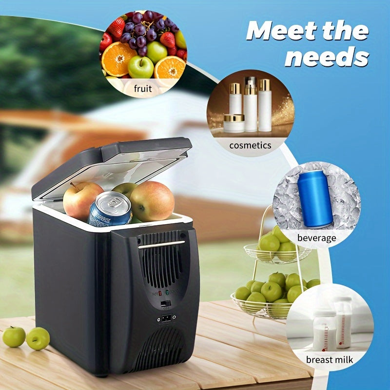 6L Portable Car Refrigerator with Semiconductor Technology, Countertop Mount, for Beverages, Seafood, Fruits, Travel. Operates on DC 12V with car plug power.