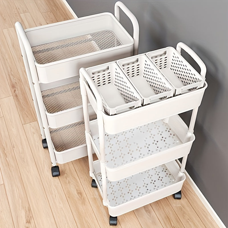 Multifunctional Plastic Storage Cart Organizer with Wheels - No Assembly Needed! Ideal for Kitchen, Bathroom, or Bedroom Use.