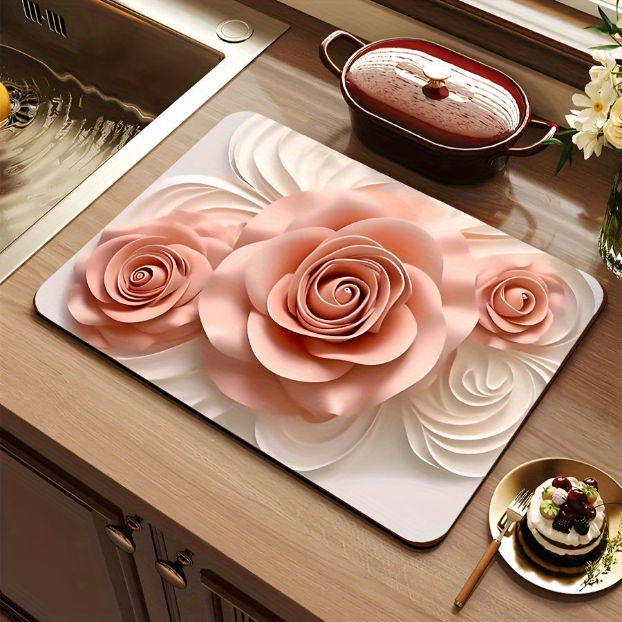 Polyester Kitchen Mat with Festive 3D Rose Design - Anti-Slip, Quick-Dry Tableware Drying Pad - Perfect for Christmas, Halloween, Thanksgiving - Protects Your Home Decor and Desk, Great for Pets