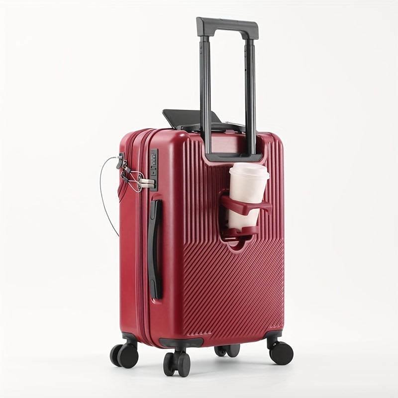 Travel in style with the 50.8 cm lightweight trolley bag with a front opening, cup holder, and password box.