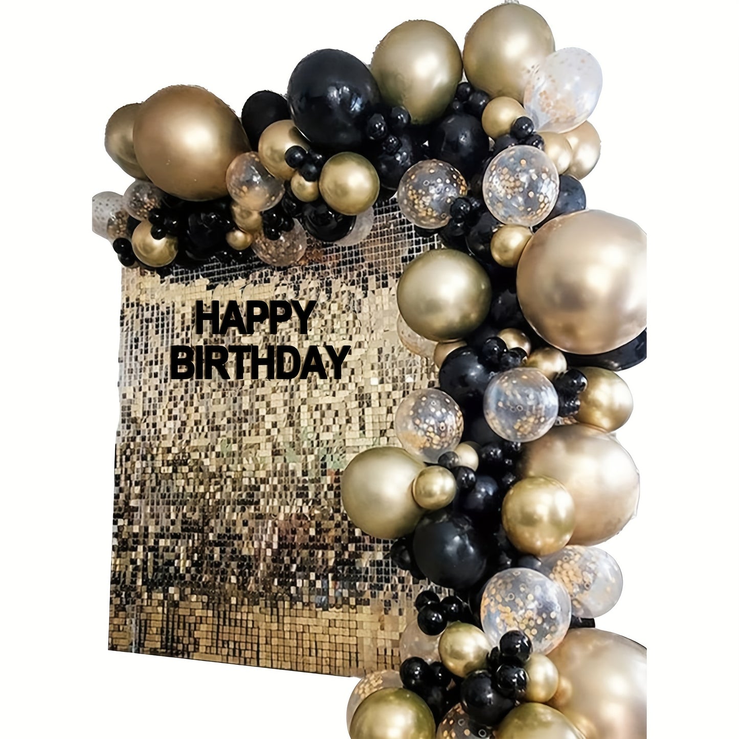 131-piece Black and Gold Balloon Garland Arch Kit including metallic gold and black latex confetti balloons in various sizes for parties and celebrations.